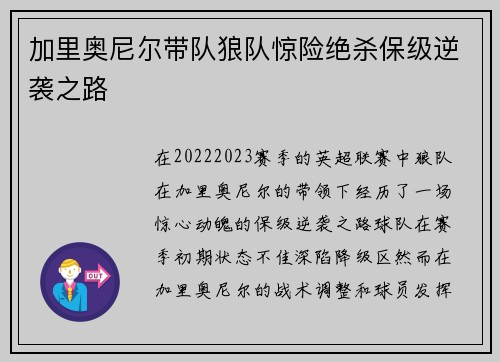 加里奥尼尔带队狼队惊险绝杀保级逆袭之路